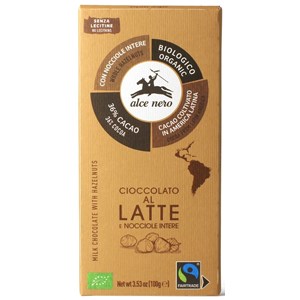 CZEKOLADA MLECZNA Z CAŁYMI ORZECHAMI LASKOWYMI FAIR TRADE BIO 100 g - ALCE NERO