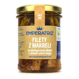 MAKRELA FILETY W BIO OLIWIE Z OLIWEK EXTRA VIRGIN 190 g (125 g) (SŁOIK) - EMPERATRIZ